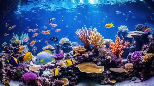 Colorful marine life swimming in a large aquarium.