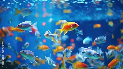 Colorful tropical fish swimming in a vibrant aquarium with coral and plants.