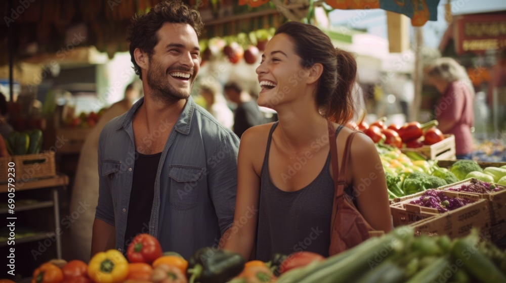 Diverse couple buying fresh produce at farmers market, with smiling vendor behind stand.