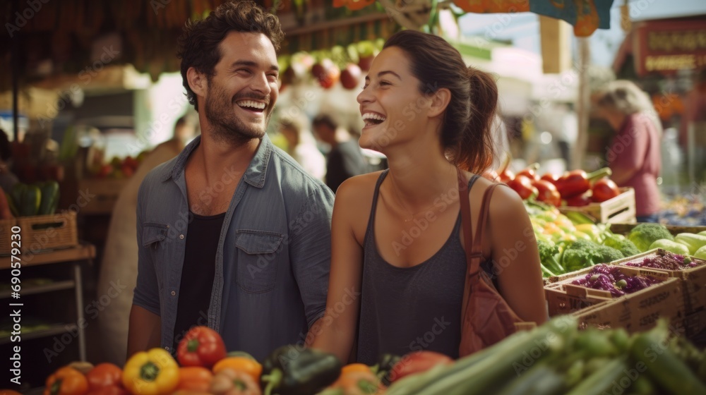 Obraz premium Diverse couple buying fresh produce at farmers market, with smiling vendor behind stand.