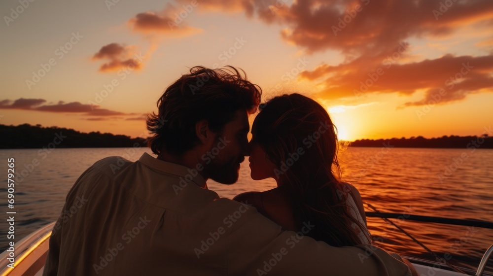 A couple embraces while cruising on a boat at sunset, immersed in Wanderlust paradise.