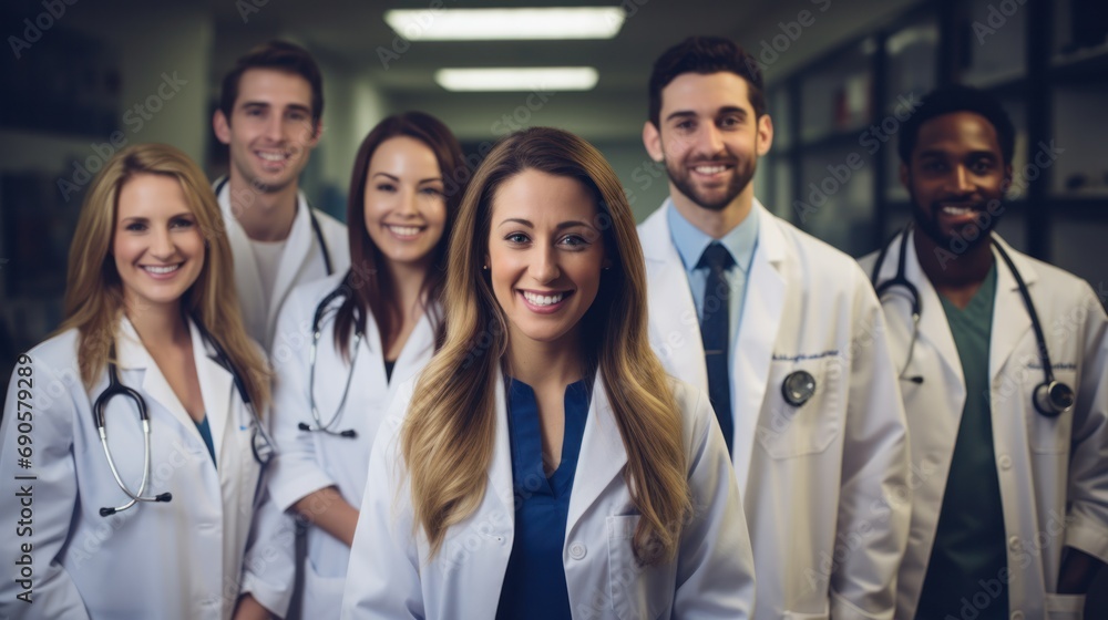 Group of healthcare professionals including a medical student, colleagues, an assistant doctor, and a nurse, all smiling happily in a hospital setting. - obrazy, fototapety, plakaty 