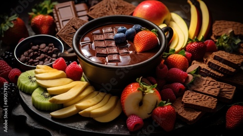 decadent chocolate fondue with fruits and treats for dipping. photo