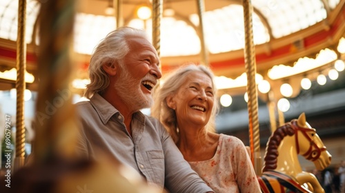 Elderly couple embracing each other with smiles, cherishing a delightful moment on a carousel at the mall - radiating peace and contentment in their love and joy.