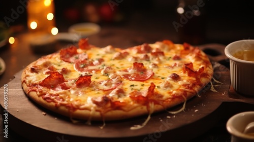 freshly baked heart-shaped pizza topped with melted cheese and vibrant vegetables, served on a wooden table.