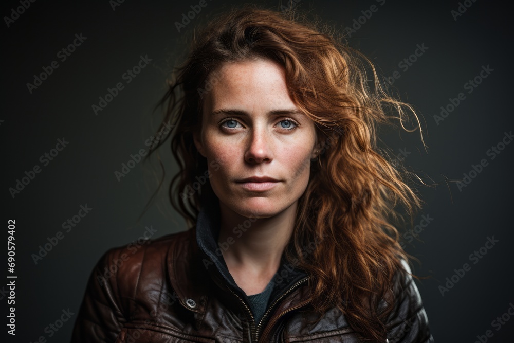 Portrait of a beautiful redhead woman in a leather jacket. Portrait of a beautiful redhead woman in a leather jacket.