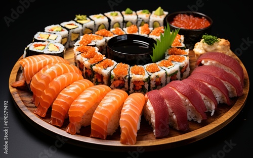 sumptuous sushi platter on dark background.