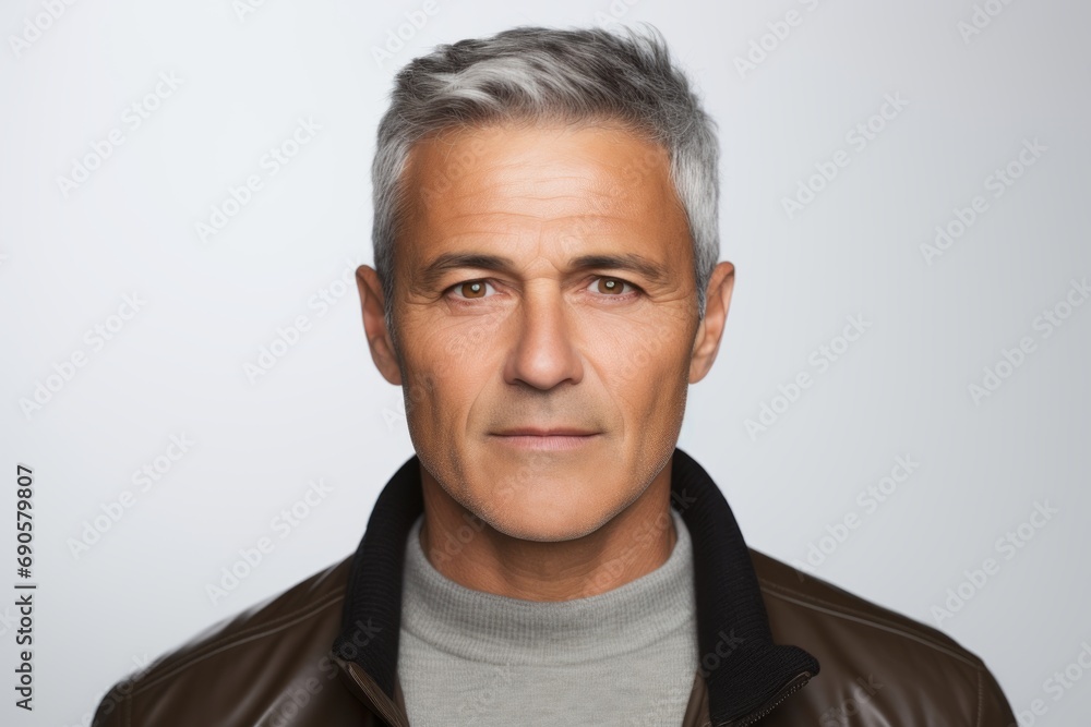 Portrait of handsome mature man with grey hair in leather jacket. - obrazy, fototapety, plakaty 
