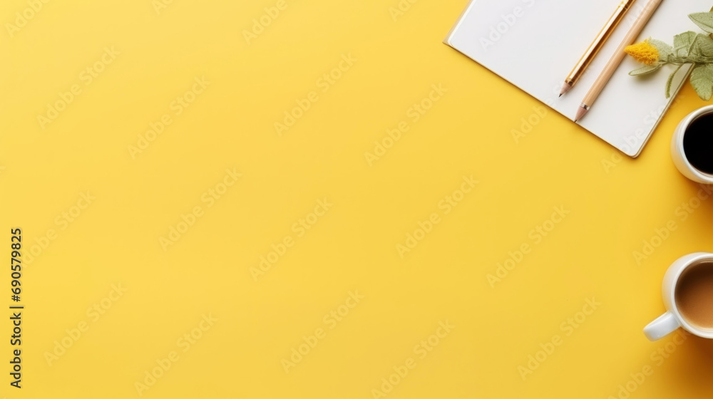 Top view of work desk with notepad, office supplies, flowers and creative clutter. Yellow background. Generative AI - obrazy, fototapety, plakaty 