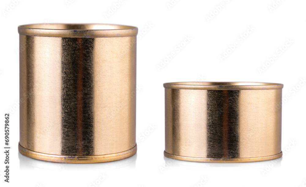 set of golden tin cans on isolated white background set of golden tin cans on isolated white background