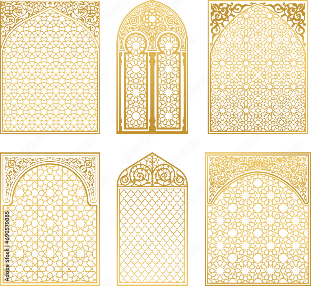 Arabic arches silhouette bundle. Arabian ornament. Doors and windows decor - obrazy, fototapety, plakaty 
