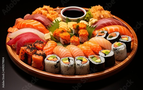 sumptuous sushi platter on dark background