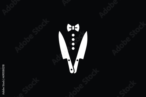 Elegant tuxedo and knife silhouette, ideal for mystery events, secret dining, or unique service industry branding