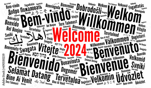 Welcome new year 2024 word cloud in different languages	 photo