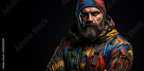 A man in a camouflage suit stands near a dark background