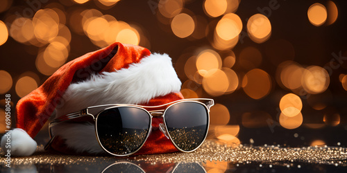  black glasses and santa claus festive christmas hat on  Blurred Shiny Lights on deft of filed bokeh background photo