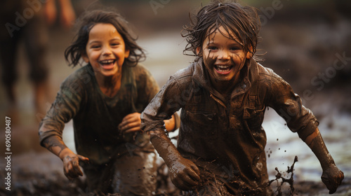 Little boys playing in muddy ponds. Children play mud happily. Photo of two small kids playing in mud.Ai