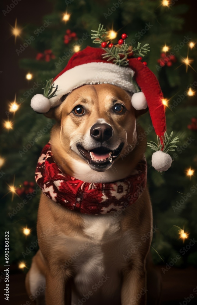 Joyful Dog Celebrating Christmas in Santa Hat Joyful Dog Celebrating Christmas in Santa Hat
