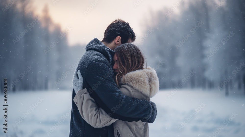 smiling couple embracing each other while snowflakes gently fall around them.