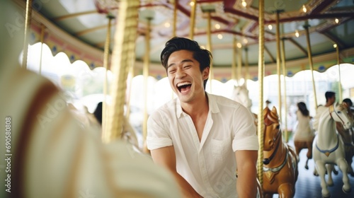 smiling Asian couple enjoying a carousel ride with joy and happiness © Sandris_ua