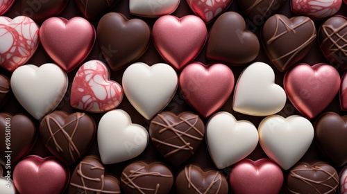 Valentine heart chocolates and heart-shaped pattern, a sweet and romantic treat for your loved one. © Sandris_ua