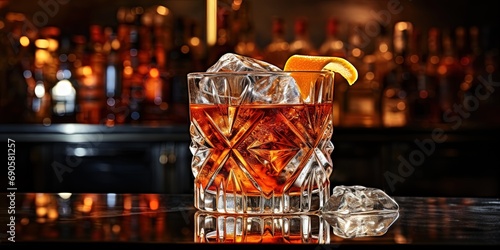 A glass of Negroni Sbagliato liqueur with ice cubes on a bar counter photo
