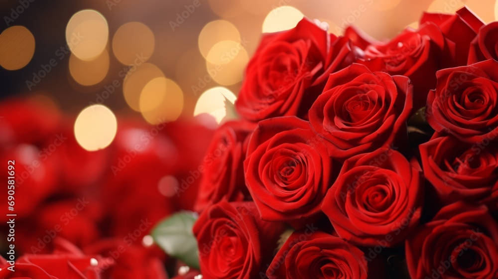 A bouquet of red roses on a background of lights bokeh, women's day, copy space A bouquet of red roses on a background of lights bokeh, women's day, copy space