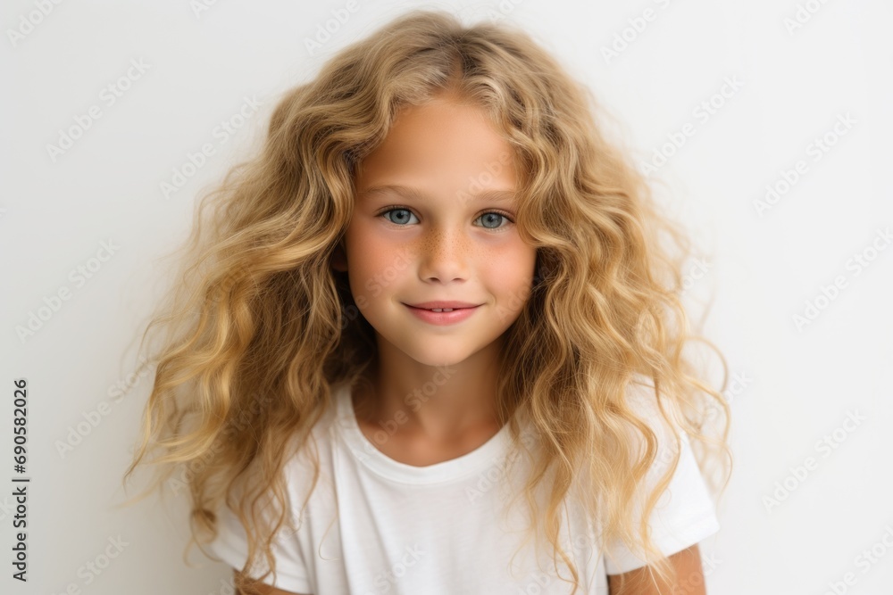 Portrait of a beautiful little girl with blond curly hair on a white background Portrait of a beautiful little girl with blond curly hair on a white background