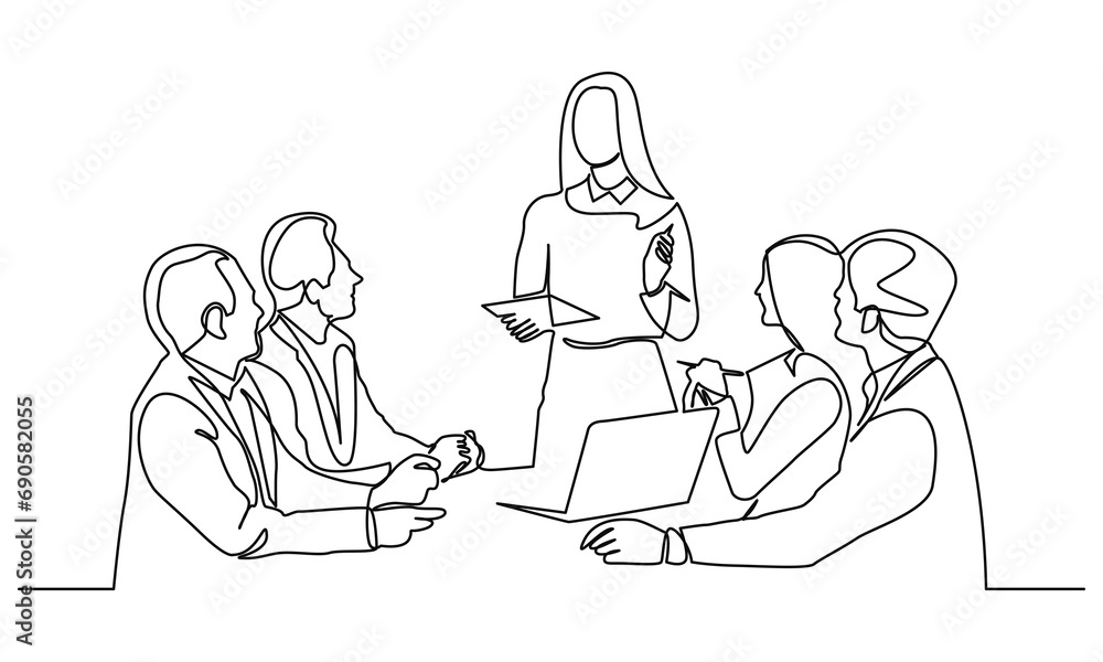 Continuous line drawing of a businesswoman discussing in the office meeting room. discussion in a conference room. Concept of Business meeting and presentation.Isolated on a white background.
Continuous line drawing of a businesswoman discussing in the office meeting room. discussion in a conference room. Concept of Business meeting and presentation.Isolated on a white background.
