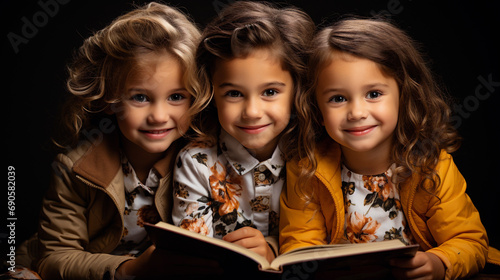 cute kids reading story books in home. Kids reading together looking at book at house.Ai