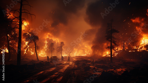 Large flames of forest fire. wildfire, Heatwave causes forest burning rapidly and destroyed, silhouette, natural calamity. Ai  © Impress Designers