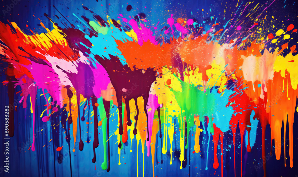 Radiant paint splash with vibrant hues - deep blues, fiery oranges, electric pinks, and luminescent yellows. Perfect for dynamic backgrounds, energetic designs, and colorful artistic projects.