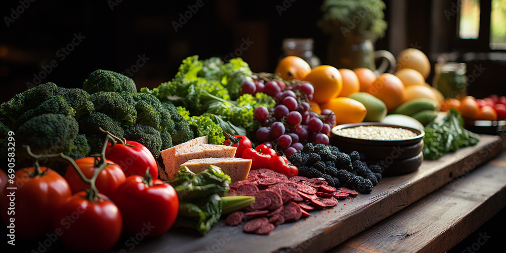 Obraz na płótnie balanced diet, cooking, culinary and food concept - close up of vegetables, fruit and meat on wooden table.nutrition, healthy eating concept. Food sources rich in vitamin B6, pyridoxine. Ai w salonie