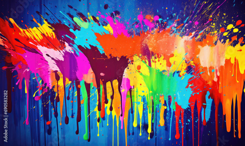 Radiant paint splash with vibrant hues - deep blues, fiery oranges, electric pinks, and luminescent yellows. Perfect for dynamic backgrounds, energetic designs, and colorful artistic projects.