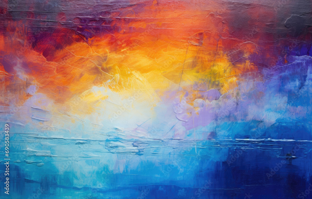 Radiant abstract seascape with fiery skies contrasting cool blue waters, exuding calmness and warmth.