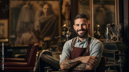 Portrait of a skilled barber smiling  with a barber chair and grooming tools in the background