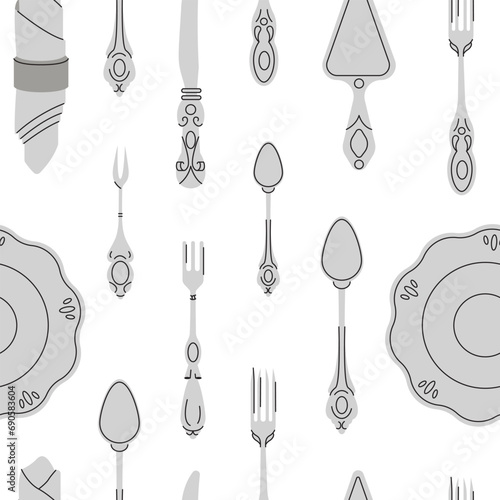 Fancy silver Cutlery seamless pattern set with table knife, spoon, fork, napkin, dessert, tea. Various shapes. Vintage style. Restaurant, dinner concept. Vector illustration isolated on background