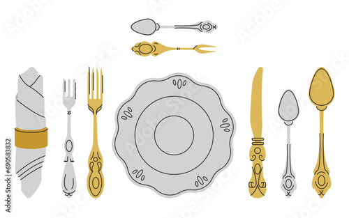 Fancy silver golden Cutlery set with table knife, spoon, fork, napkin, dessert, tea. Various shapes. Vintage style. Restaurant, dinner concept. Hand drawn Vector illustration isolated on background