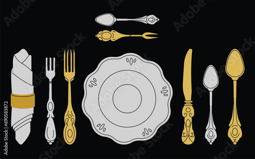 Fancy silver golden Cutlery set with table knife, spoon, fork, napkin, dessert, tea. Various shapes. Vintage style. Restaurant, dinner concept. Hand drawn Vector illustration isolated on background