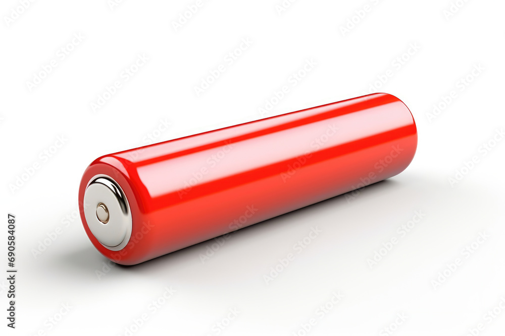 Close-up of a vibrant red battery. Glossy finish with a metallic terminal. Ideal for tech promotions, energy concepts, and electronic product designs. Close-up of a vibrant red battery. Glossy finish with a metallic terminal. Ideal for tech promotions, energy concepts, and electronic product designs.