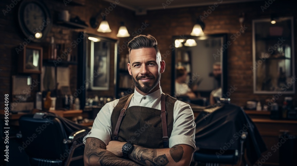 Portrait of a skilled barber smiling, with a barber chair and grooming tools in the background