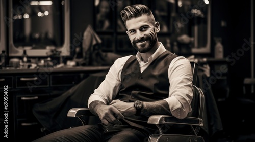 Portrait of a skilled barber smiling, with a barber chair and grooming tools in the background © Emil