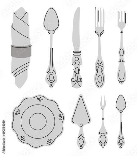 Fancy silver Cutlery set with table knife, spoon, fork, napkin, dessert, tea. Various shapes. Vintage style. Restaurant, dinner concept. Hand drawn modern Vector illustration isolated on background