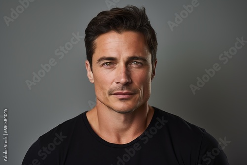 Portrait of handsome man in black t-shirt over grey background.