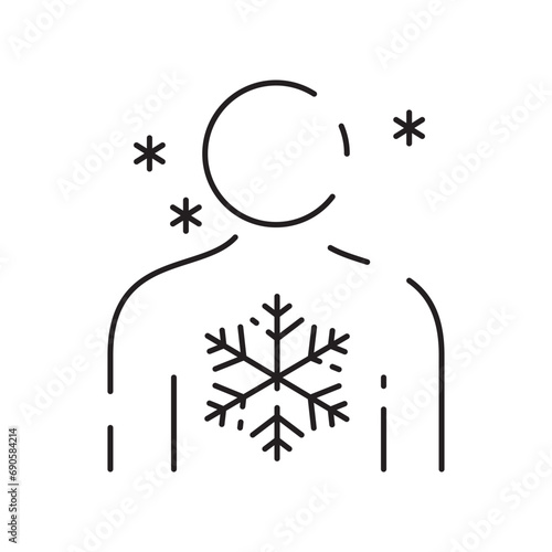 Frozen winter cold icon, frostbite limb, leg with snowflake, thin line symbol - editable stroke vector illustration. Frostbite injury