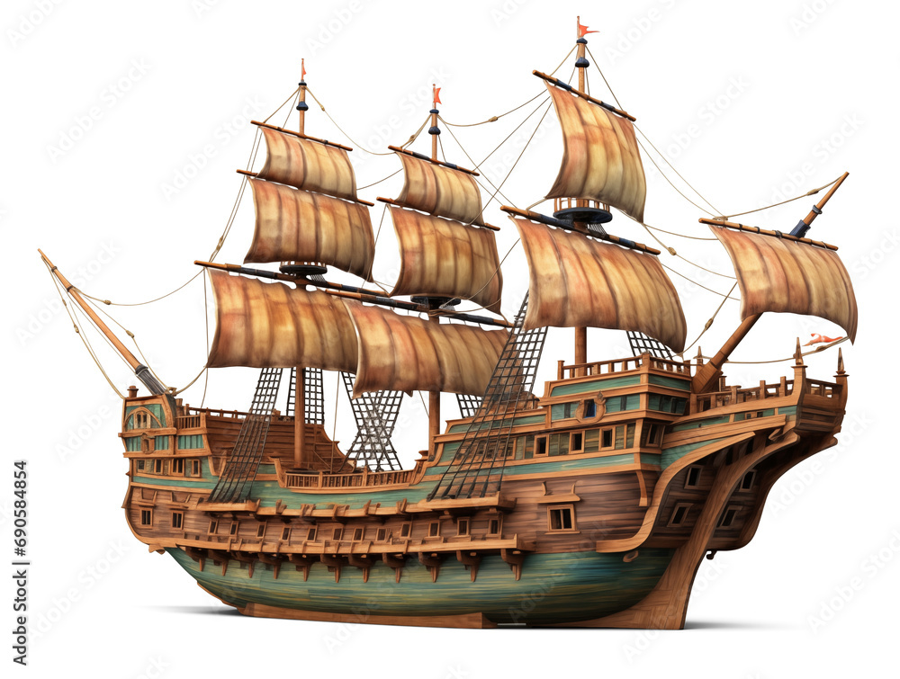 Fototapeta premium Sailing old pirate ship made with wood isolated on transparent background. Generative AI
