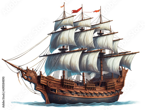 Sailing old pirate ship made with wood isolated on transparent background. Generative AI photo