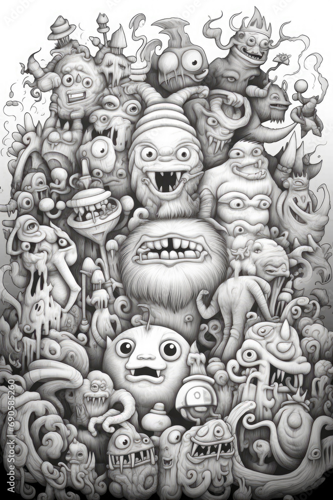 A blowout monster party, clean line, coloring page for adults A blowout monster party, clean line, coloring page for adults