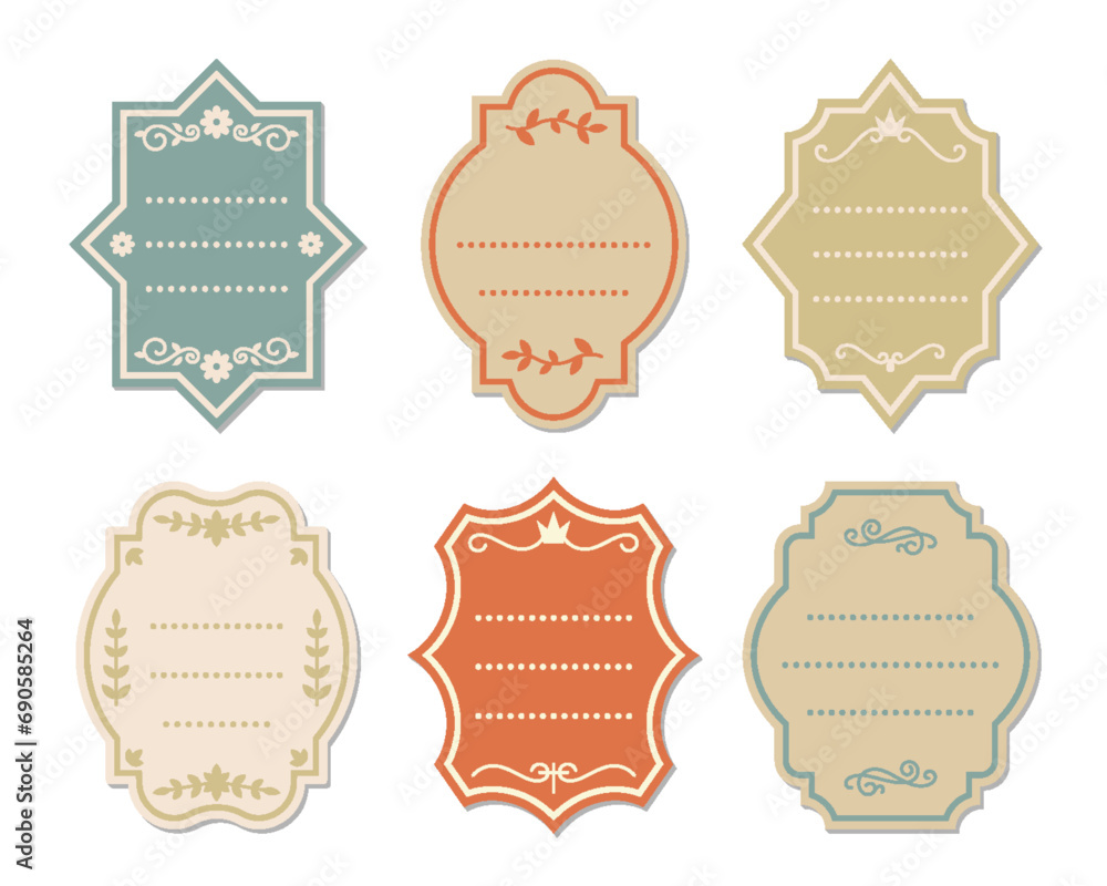 Retro colored paper label set. Old style ornate blank frames. Vintage empty cardboard tags with flourishes pattern. Premium quality product package sticker template. Luxury filigree flat frame border