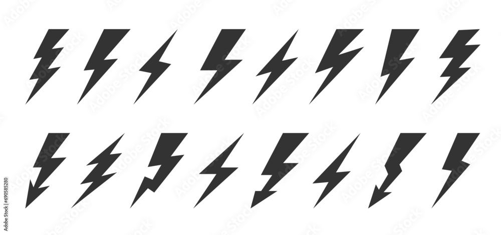 Lightning bolt flash icon set. Energy power charge sign. Thunder strike electricity symbol. Thunderbolt pictogram. Powerful electrical discharge hitting from side to side. Thundershock zigzag arrow